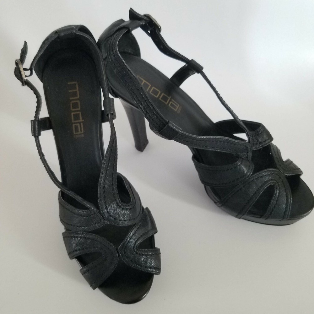 Moda Spana Heels 9.5M Black Leather Buckle Adjustable Open Toe Dark‎ Fairy